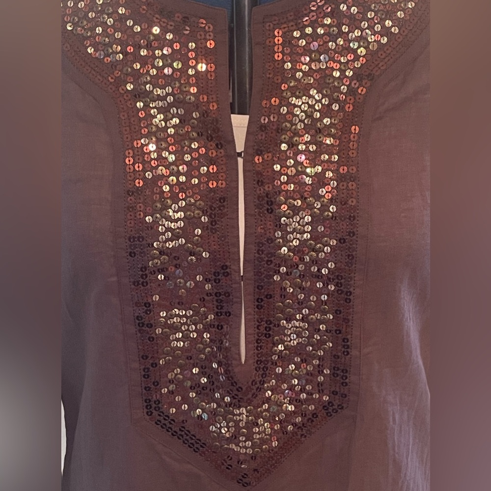 Cotton Dark Brown Poncho w/ Copper and Gold Sequin Neck and Sleeve Cuffs: Sz 1 - Picture 10 of 11